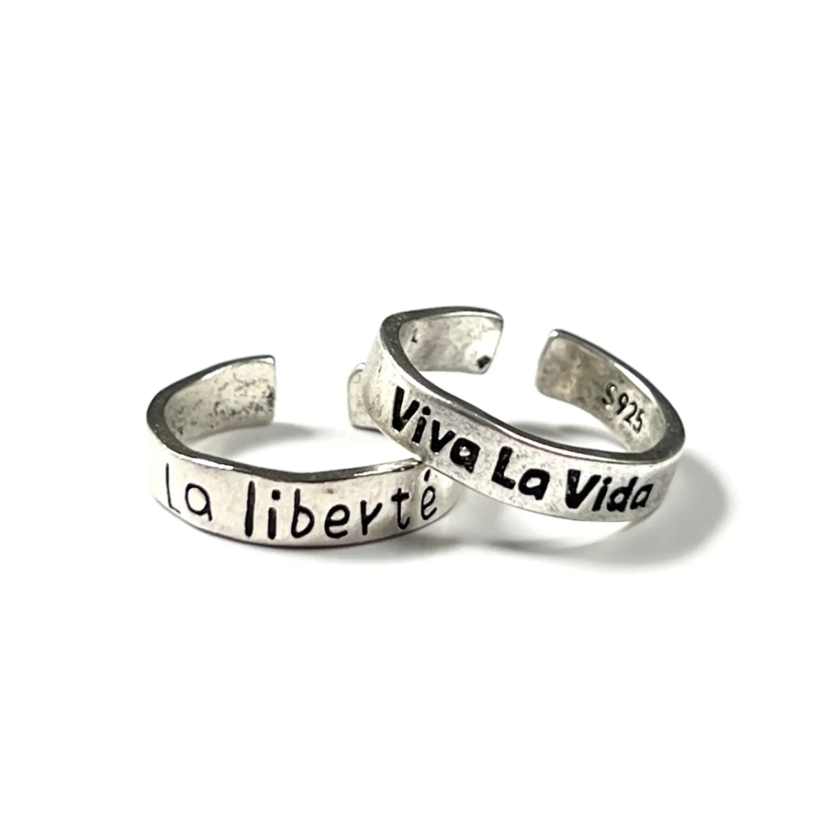 S925 Sterling Silver Adjustable Cuff Rings "Viva La Vida & La Liberté" Statement Jewelry for Women Men