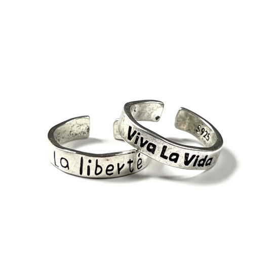 S925 Sterling Silver Adjustable Cuff Rings "Viva La Vida & La Liberté" Statement Jewelry for Women Men