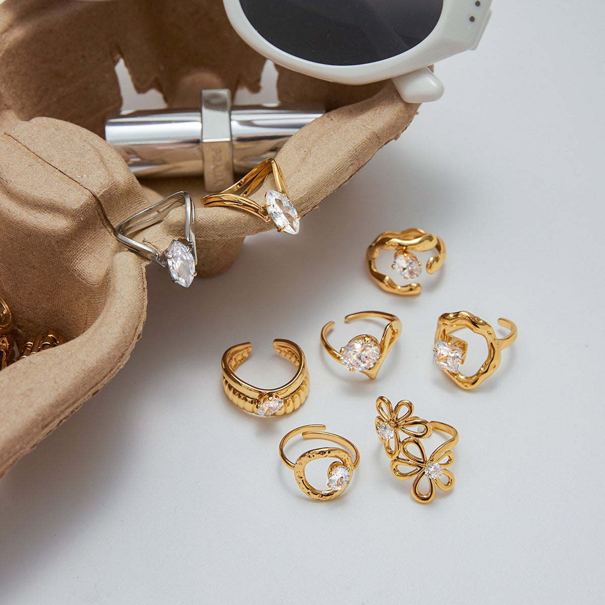 18K Gold Plated Ring Unique Stackable Jewelry Gold/Silver Tone Irregular Flower Chunky Zircon Open Rings