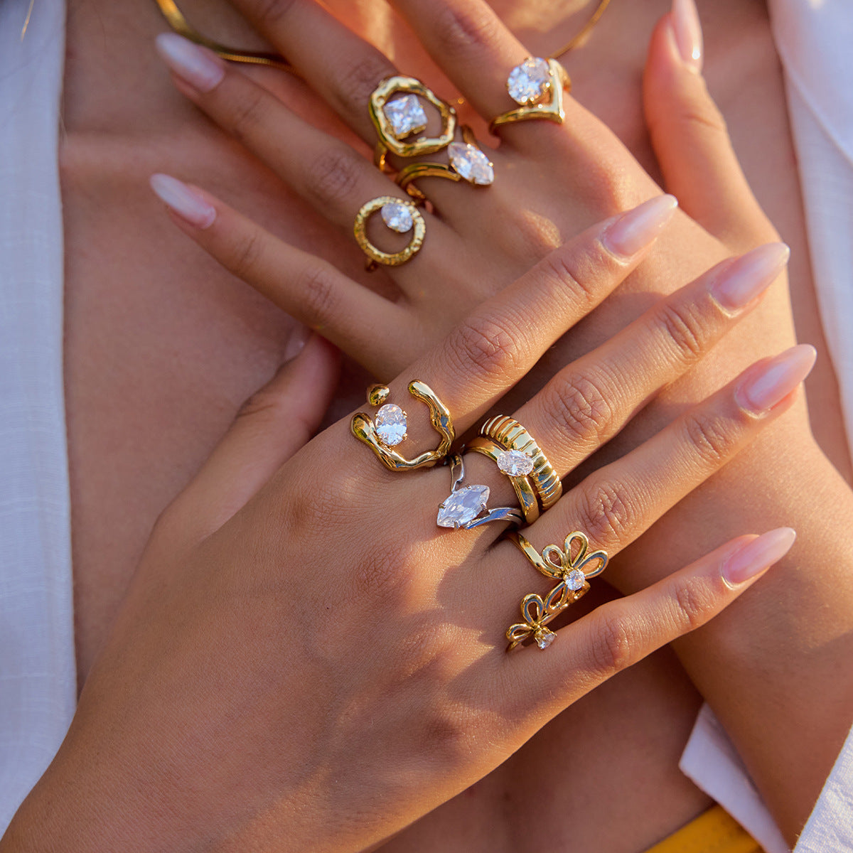 18K Gold Plated Ring Unique Stackable Jewelry Gold/Silver Tone Irregular Flower Chunky Zircon Open Rings