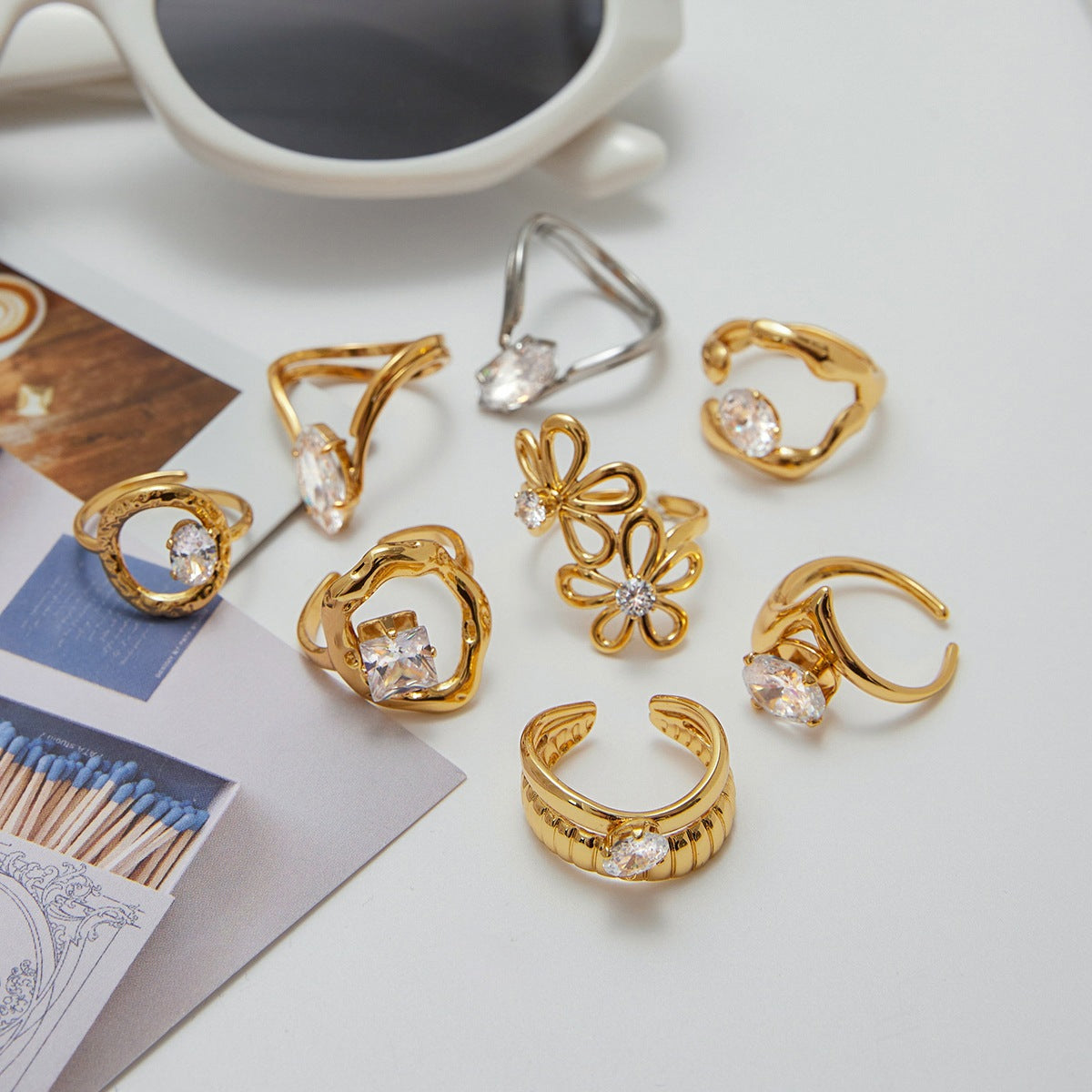 18K Gold Plated Ring Unique Stackable Jewelry Gold/Silver Tone Irregular Flower Chunky Zircon Open Rings