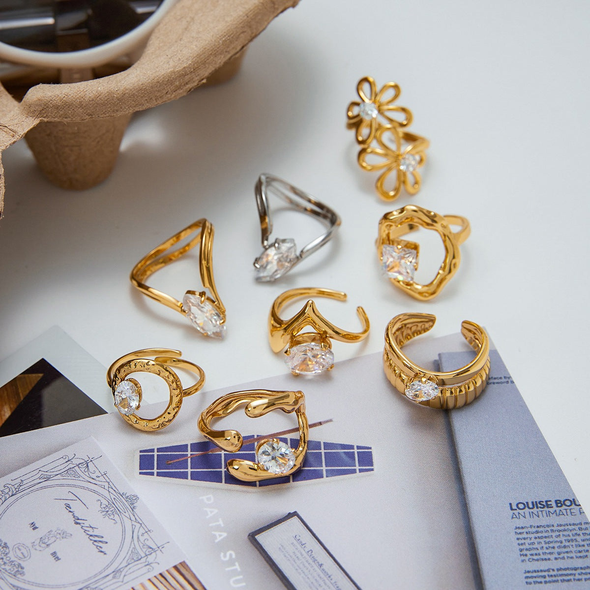 18K Gold Plated Ring Unique Stackable Jewelry Gold/Silver Tone Irregular Flower Chunky Zircon Open Rings