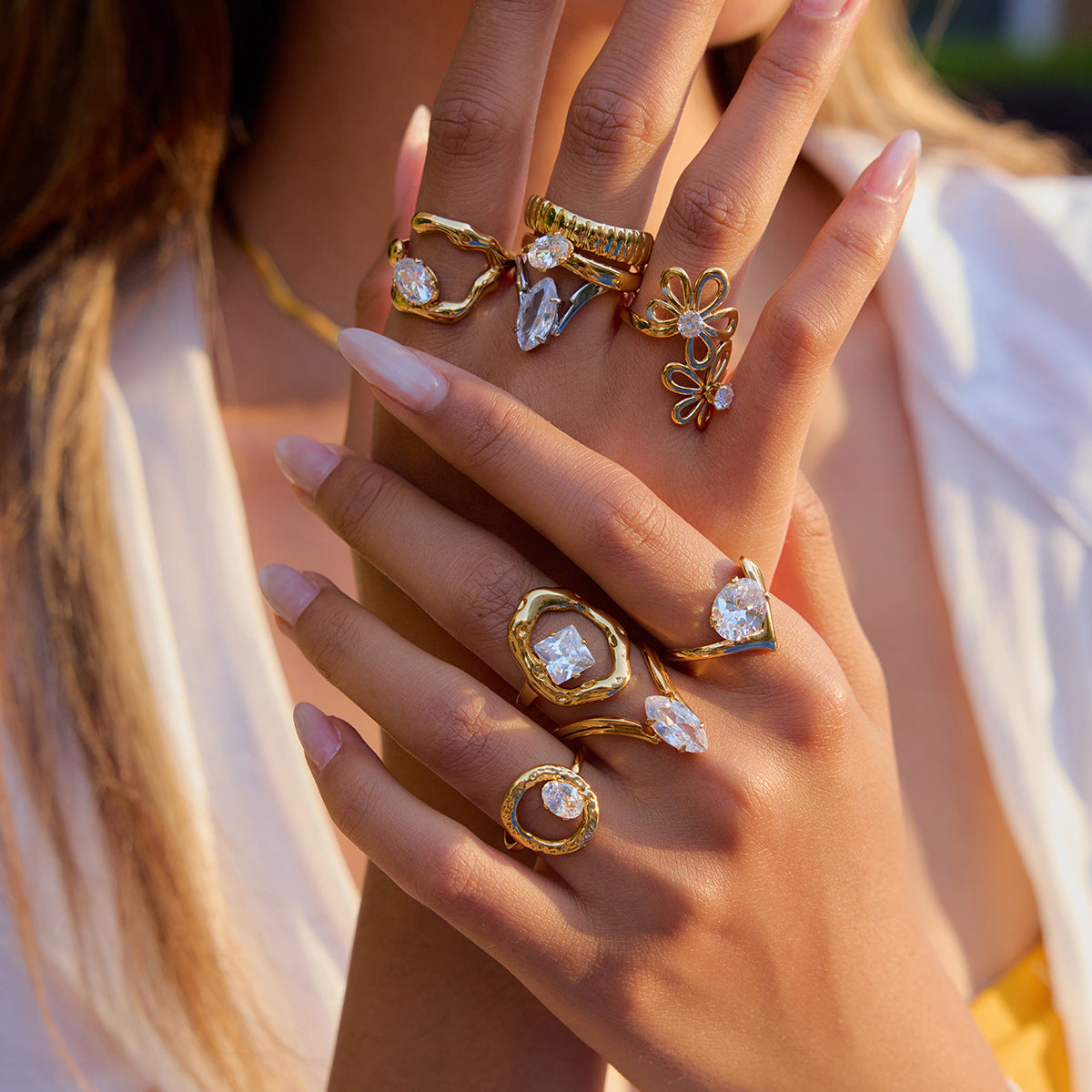 18K Gold Plated Ring Unique Stackable Jewelry Gold/Silver Tone Irregular Flower Chunky Zircon Open Rings