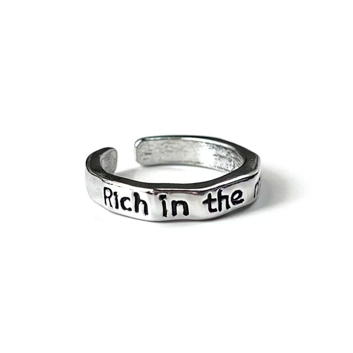 S925 Adjustable Cuff Rings "Rich in the moment & Live in the moment" Retro Statement Jewelry for Women Men
