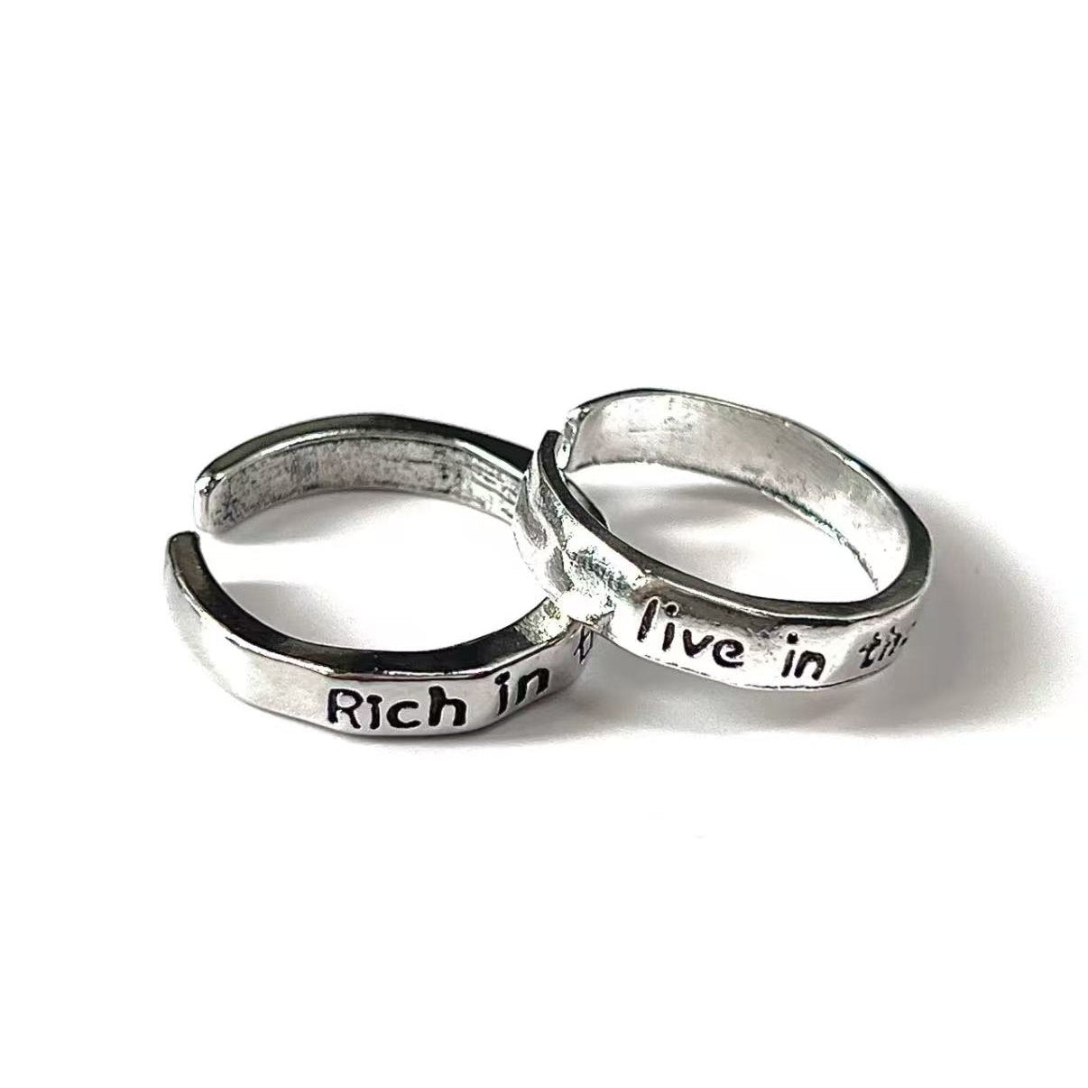 S925 Adjustable Cuff Rings "Rich in the moment & Live in the moment" Retro Statement Jewelry for Women Men